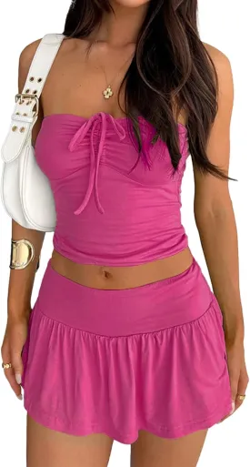 2 Piece Skirt Outfits for Women Y2k Summer Bandeau Going Out Crop Tops and Low Wasit Mini Skorts Sets
