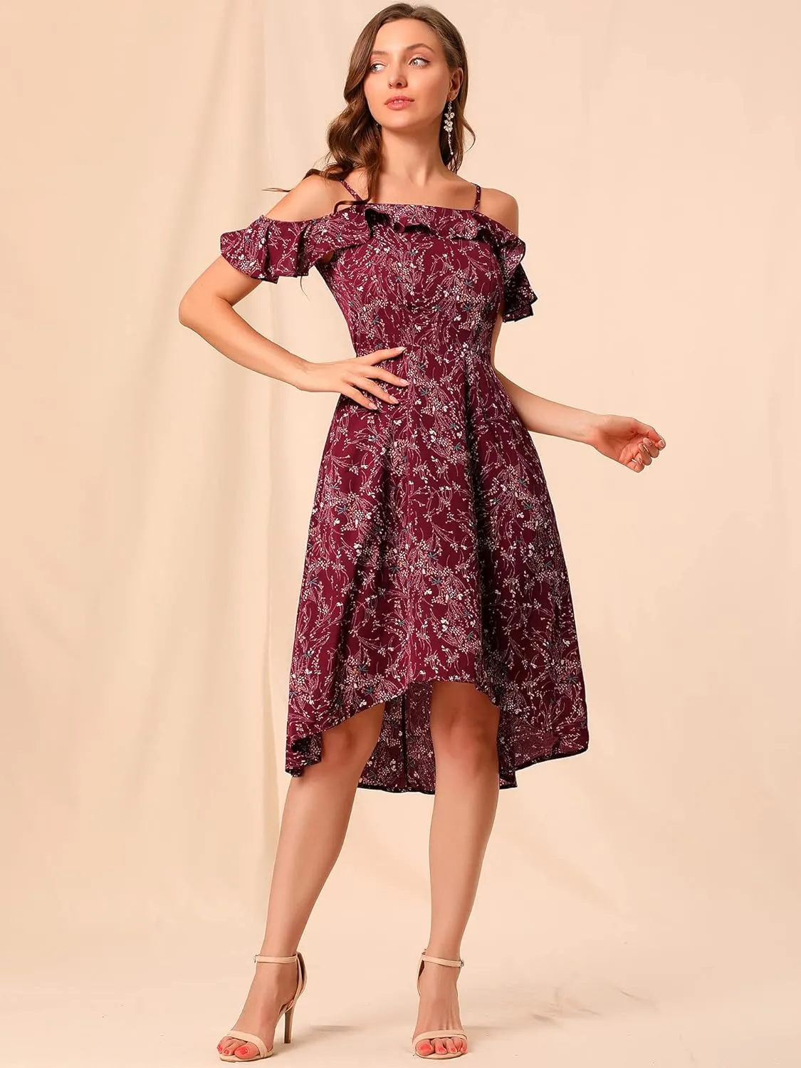 Allegra K Women's Spaghetti Strap Ruffled Sleeves Asymmetrical High Low Floral A-Line Midi Dress