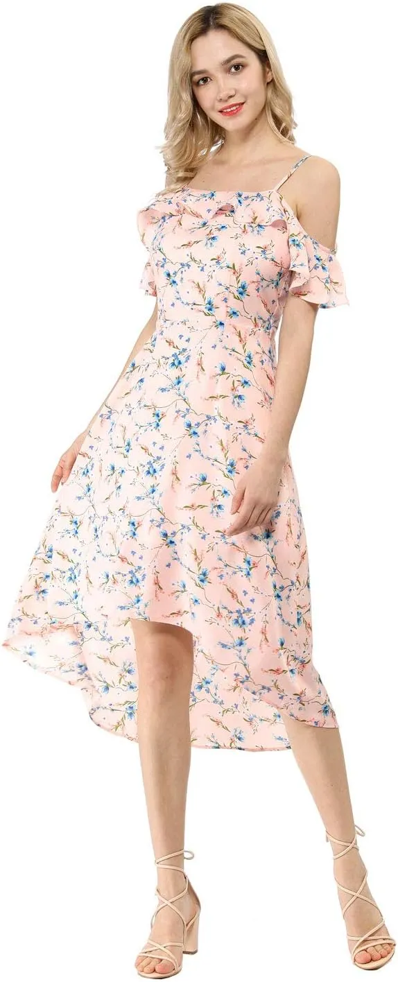 Allegra K Women's Spaghetti Strap Ruffled Sleeves Asymmetrical High Low Floral A-Line Midi Dress