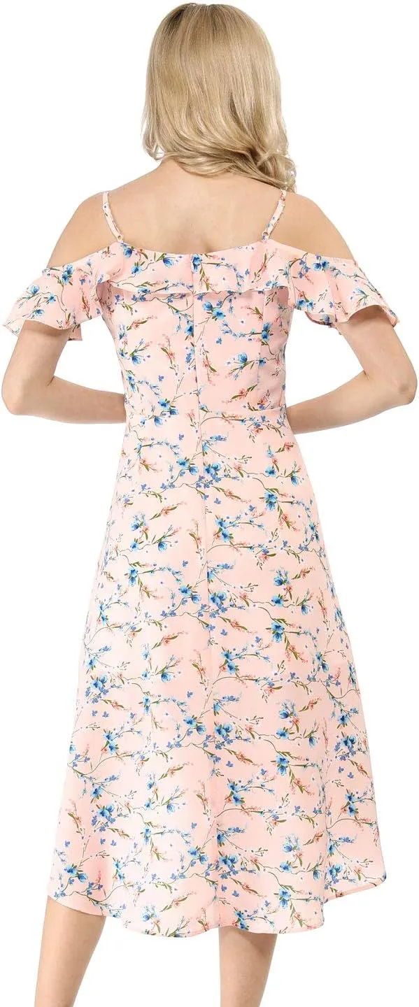 Allegra K Women's Spaghetti Strap Ruffled Sleeves Asymmetrical High Low Floral A-Line Midi Dress