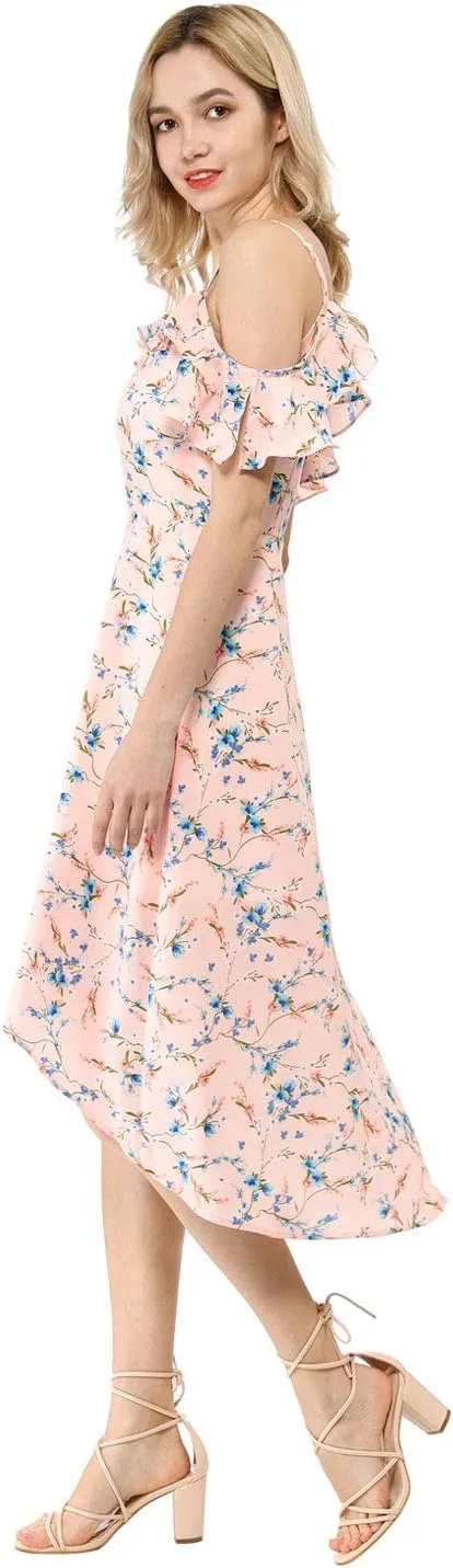 Allegra K Women's Spaghetti Strap Ruffled Sleeves Asymmetrical High Low Floral A-Line Midi Dress