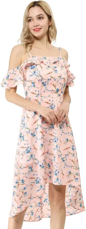 Allegra K Women's Spaghetti Strap Ruffled Sleeves Asymmetrical High Low Floral A-Line Midi Dress