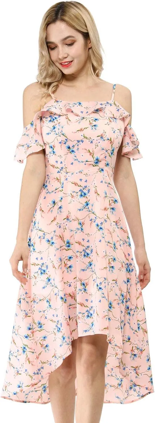Allegra K Women's Spaghetti Strap Ruffled Sleeves Asymmetrical High Low Floral A-Line Midi Dress