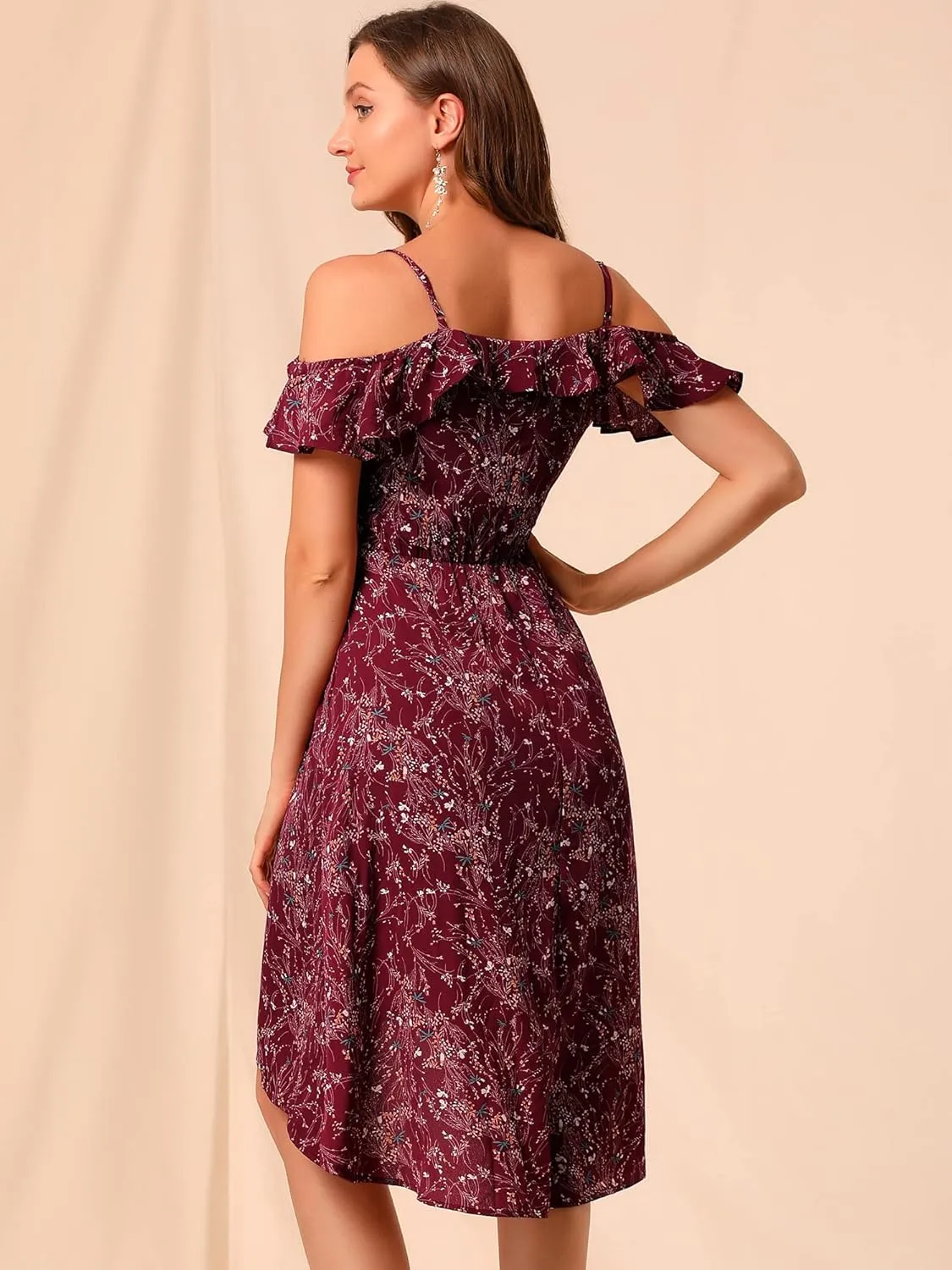 Allegra K Women's Spaghetti Strap Ruffled Sleeves Asymmetrical High Low Floral A-Line Midi Dress