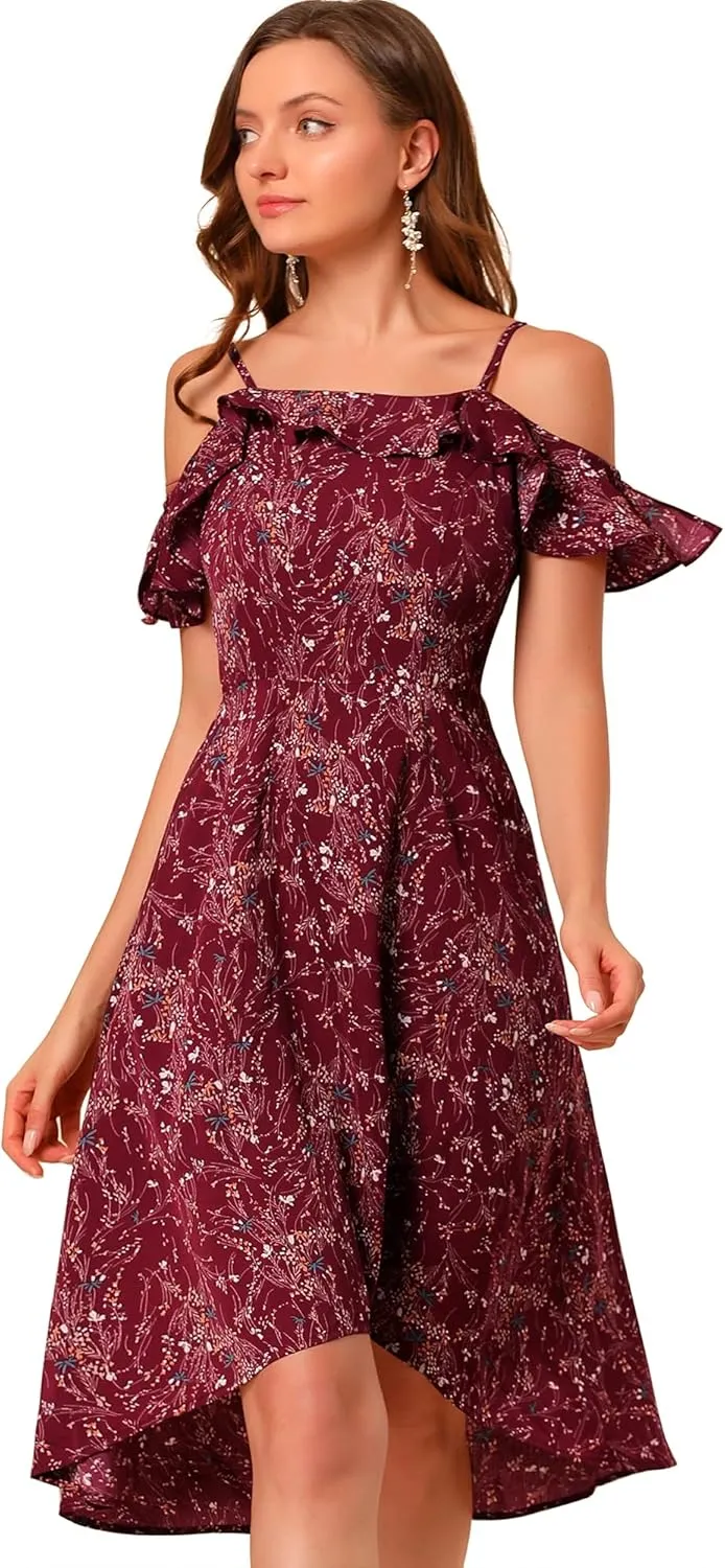 Allegra K Women's Spaghetti Strap Ruffled Sleeves Asymmetrical High Low Floral A-Line Midi Dress