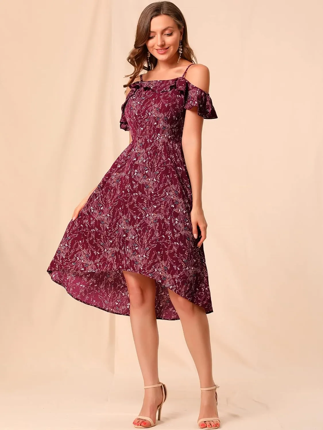 Allegra K Women's Spaghetti Strap Ruffled Sleeves Asymmetrical High Low Floral A-Line Midi Dress
