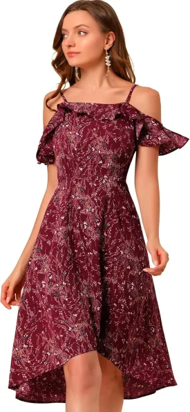 Allegra K Women's Spaghetti Strap Ruffled Sleeves Asymmetrical High Low Floral A-Line Midi Dress