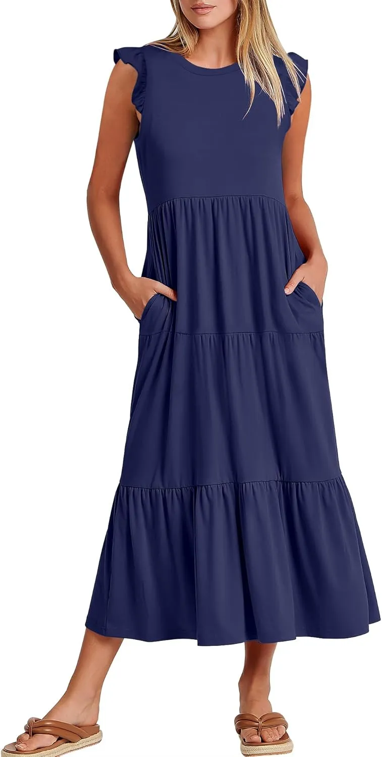 ANRABESS Women Summer Casual Ruffle Sleeveless Maxi Dress A-Line Flowy Tiered Beach Long Sundress with Pockets