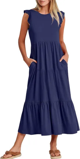 ANRABESS Women Summer Casual Ruffle Sleeveless Maxi Dress A-Line Flowy Tiered Beach Long Sundress with Pockets