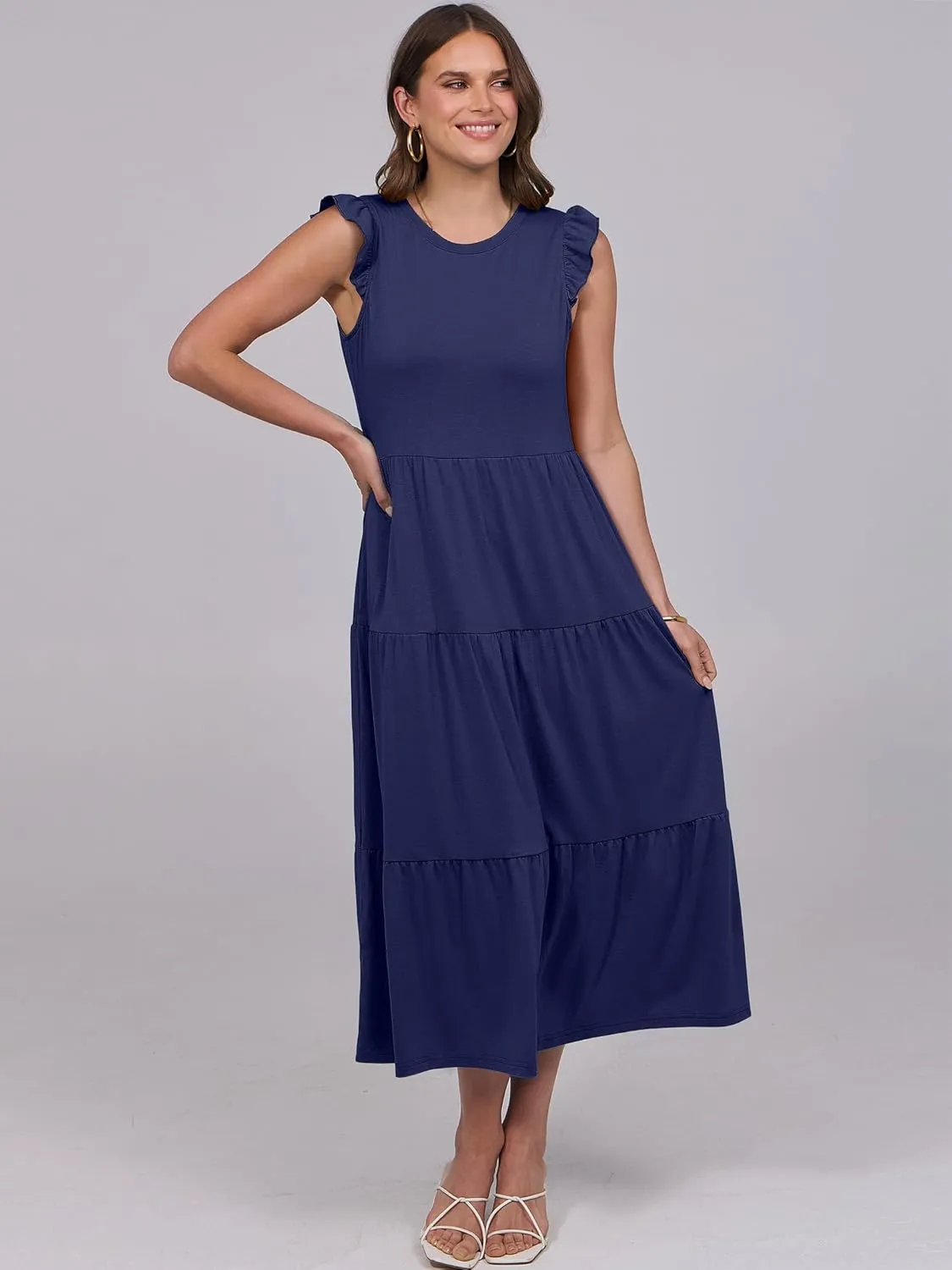 ANRABESS Women Summer Casual Ruffle Sleeveless Maxi Dress A-Line Flowy Tiered Beach Long Sundress with Pockets