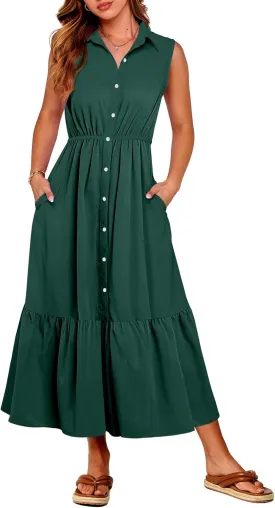 ANRABESS Womens Summer Button Down Maxi Shirt Dress Sleeveless Collared Tiered Work Dresses Beach Sundress with Pockets