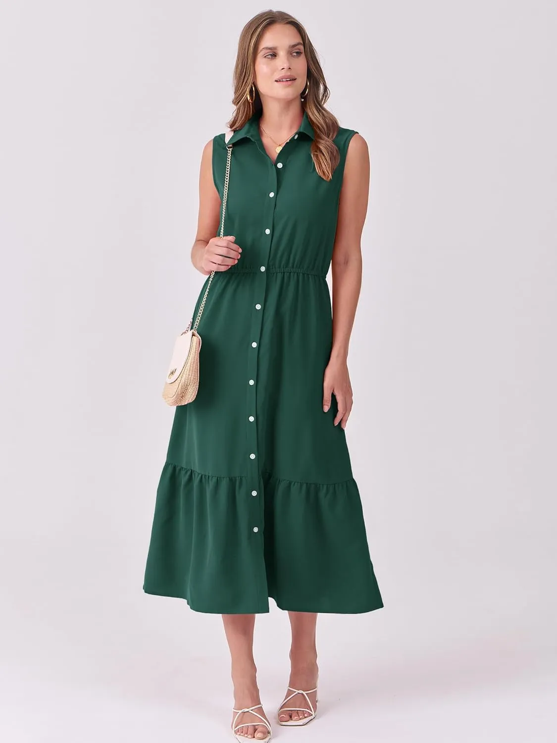 ANRABESS Womens Summer Button Down Maxi Shirt Dress Sleeveless Collared Tiered Work Dresses Beach Sundress with Pockets