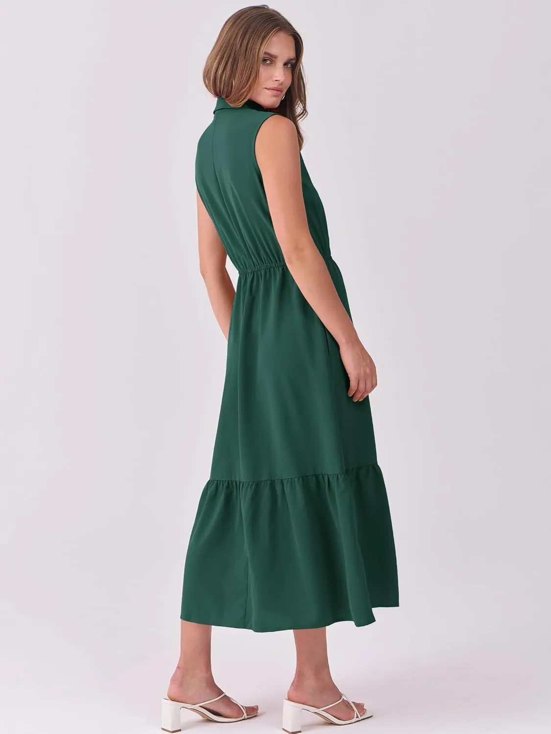 ANRABESS Womens Summer Button Down Maxi Shirt Dress Sleeveless Collared Tiered Work Dresses Beach Sundress with Pockets