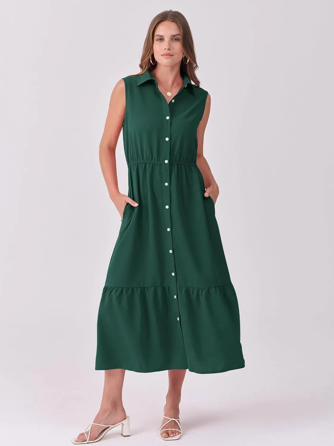 ANRABESS Womens Summer Button Down Maxi Shirt Dress Sleeveless Collared Tiered Work Dresses Beach Sundress with Pockets