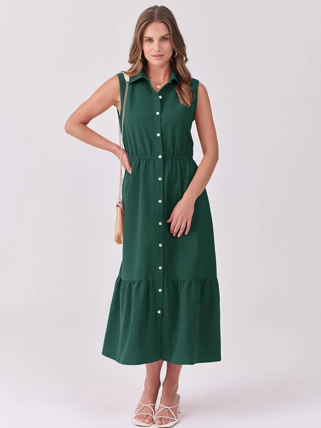 ANRABESS Womens Summer Button Down Maxi Shirt Dress Sleeveless Collared Tiered Work Dresses Beach Sundress with Pockets
