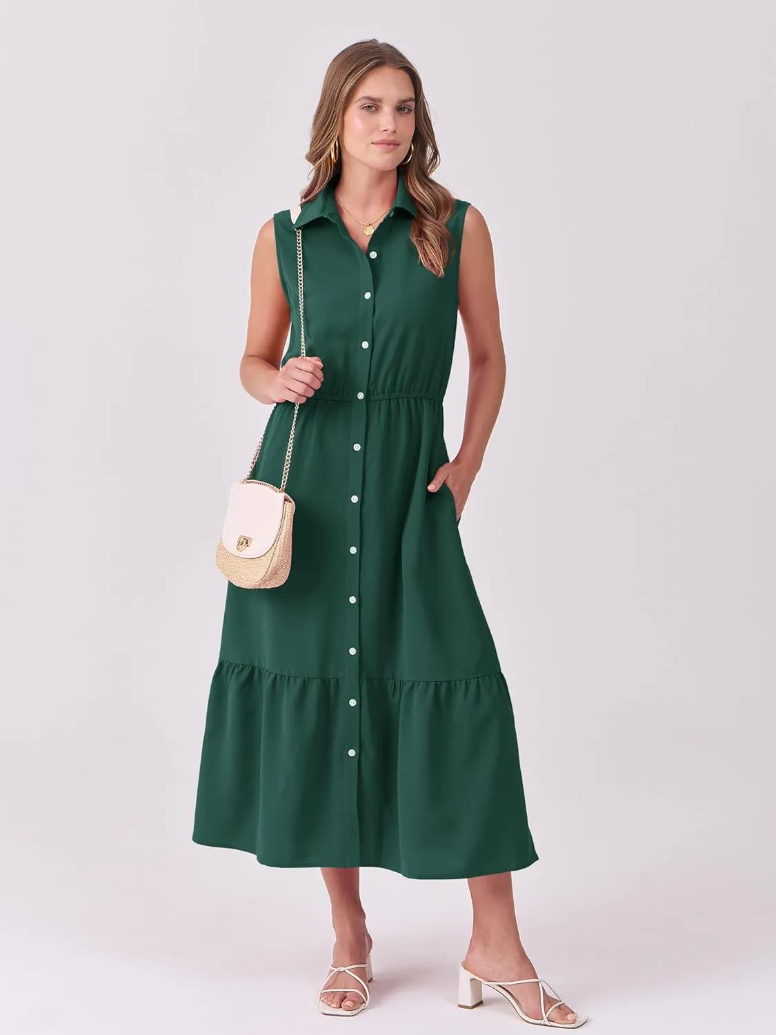 ANRABESS Womens Summer Button Down Maxi Shirt Dress Sleeveless Collared Tiered Work Dresses Beach Sundress with Pockets