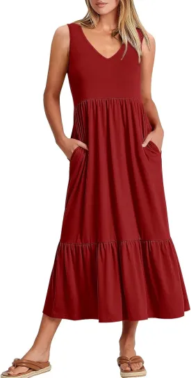 ANRABESS Womens Summer Maxi Dresses Fit & Flare Flowy V Neck Sleeveless Swing Casual Tiered Beach Sundress with Pockets