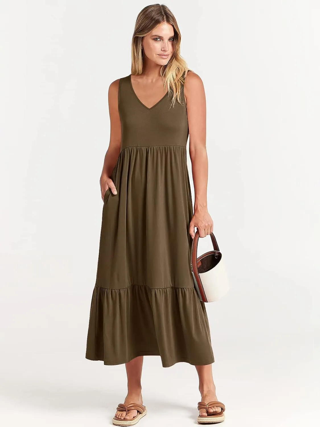 ANRABESS Womens Summer Maxi Dresses Fit & Flare Flowy V Neck Sleeveless Swing Casual Tiered Beach Sundress with Pockets
