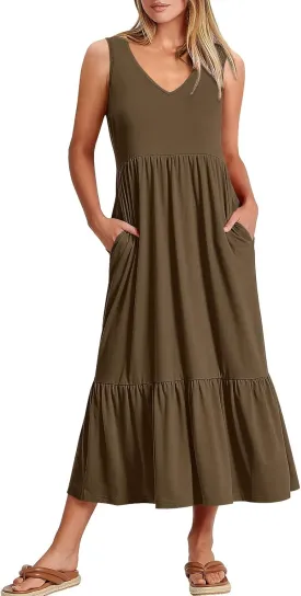 ANRABESS Womens Summer Maxi Dresses Fit & Flare Flowy V Neck Sleeveless Swing Casual Tiered Beach Sundress with Pockets