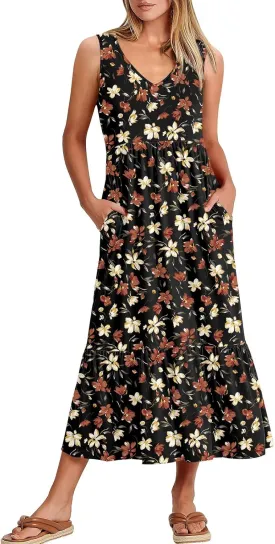 ANRABESS Womens Summer Maxi Dresses Fit & Flare Flowy V Neck Sleeveless Swing Casual Tiered Beach Sundress with Pockets