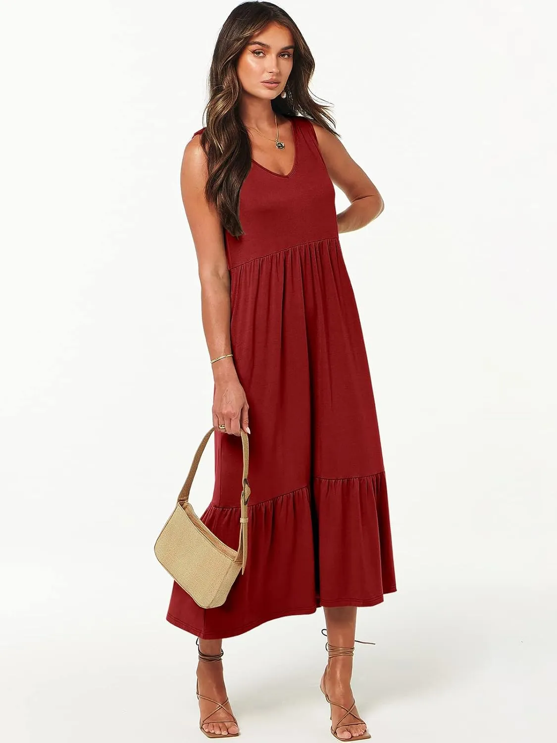 ANRABESS Womens Summer Maxi Dresses Fit & Flare Flowy V Neck Sleeveless Swing Casual Tiered Beach Sundress with Pockets