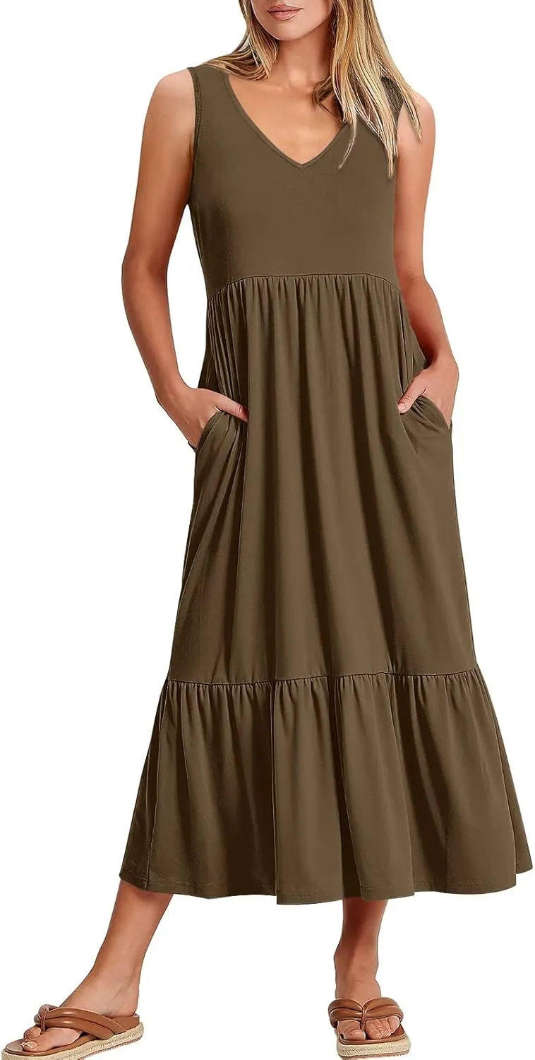 ANRABESS Womens Summer Maxi Dresses Fit & Flare Flowy V Neck Sleeveless Swing Casual Tiered Beach Sundress with Pockets