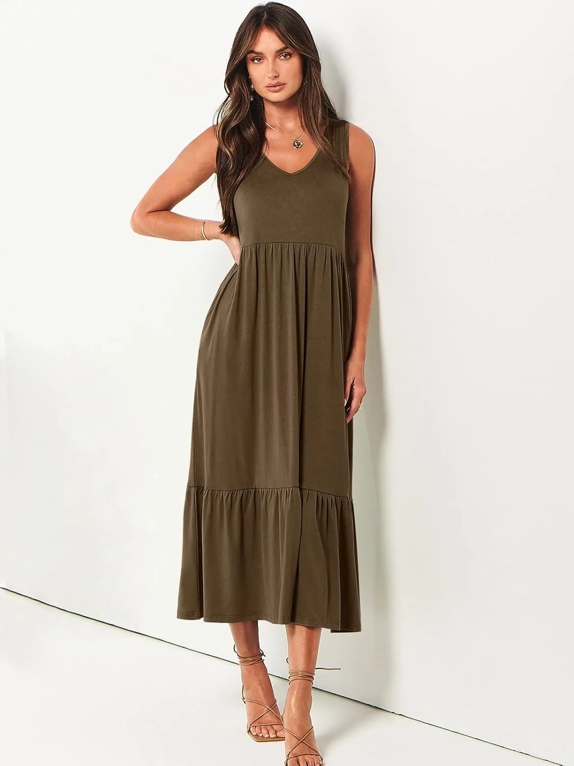 ANRABESS Womens Summer Maxi Dresses Fit & Flare Flowy V Neck Sleeveless Swing Casual Tiered Beach Sundress with Pockets