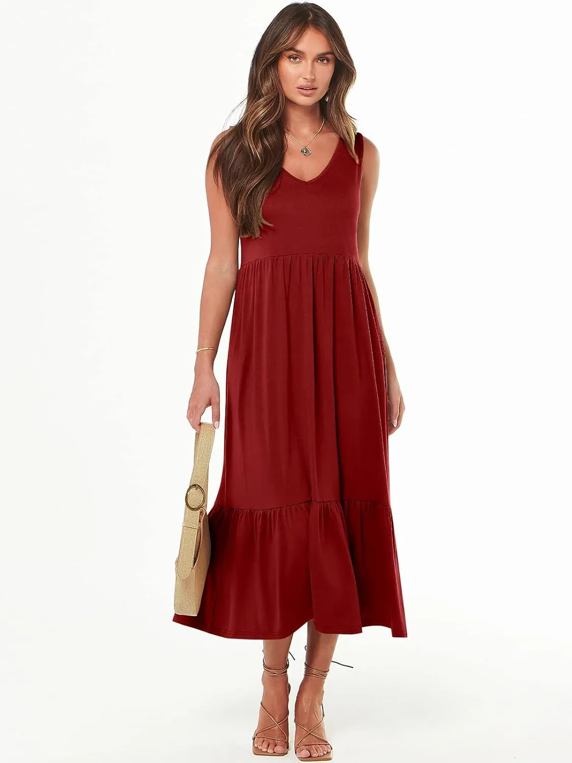 ANRABESS Womens Summer Maxi Dresses Fit & Flare Flowy V Neck Sleeveless Swing Casual Tiered Beach Sundress with Pockets