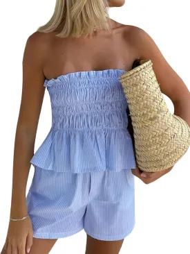 Aonoapll Women Sexy Summer 2 Piece Outfits Y2k Shirred Smocked Ruched Strapless Bandeau Tube Top Shorts Set Streetwear