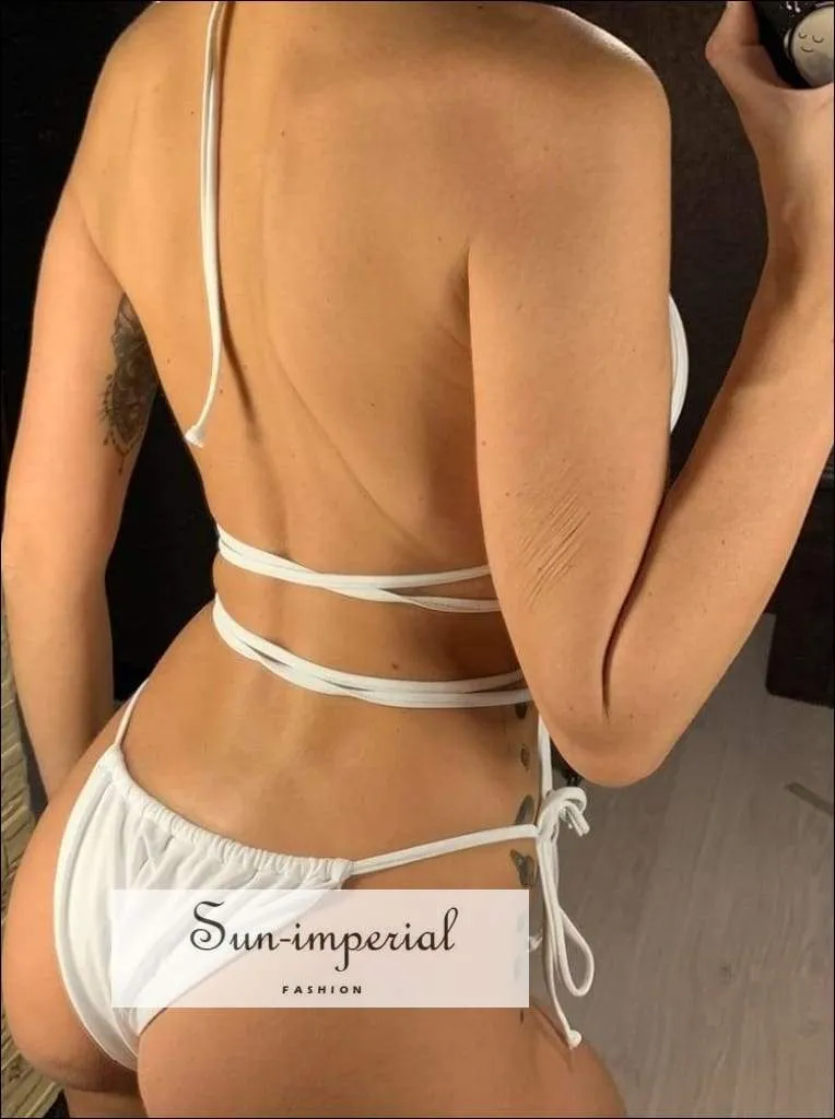 Beige Wrap around String Triangle Bikini top & side Tie bottom Bikini Set