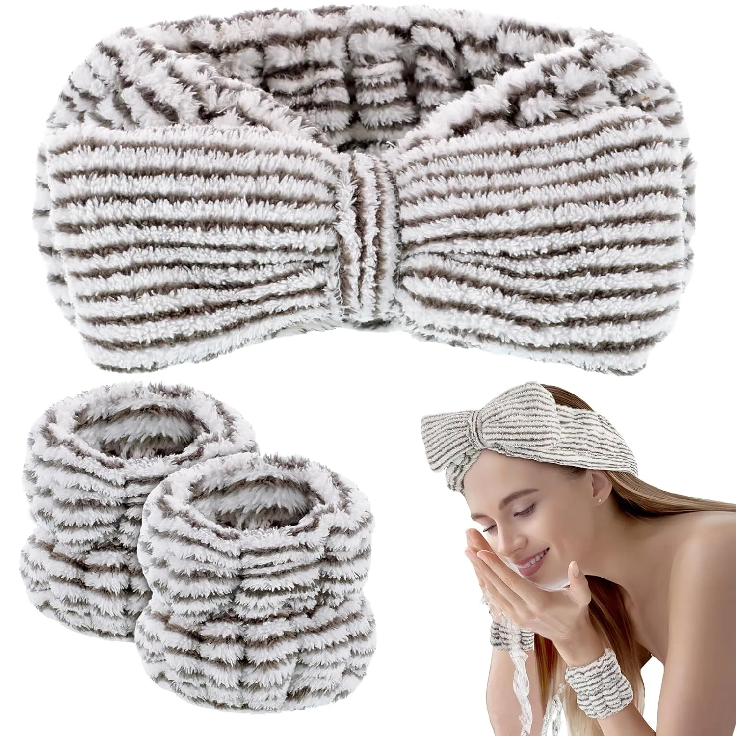 BESARME 3-Piece Face Wash Set - Headband & Wristband, Spa Towel Headband for Women's Skincare (Stripe Color)