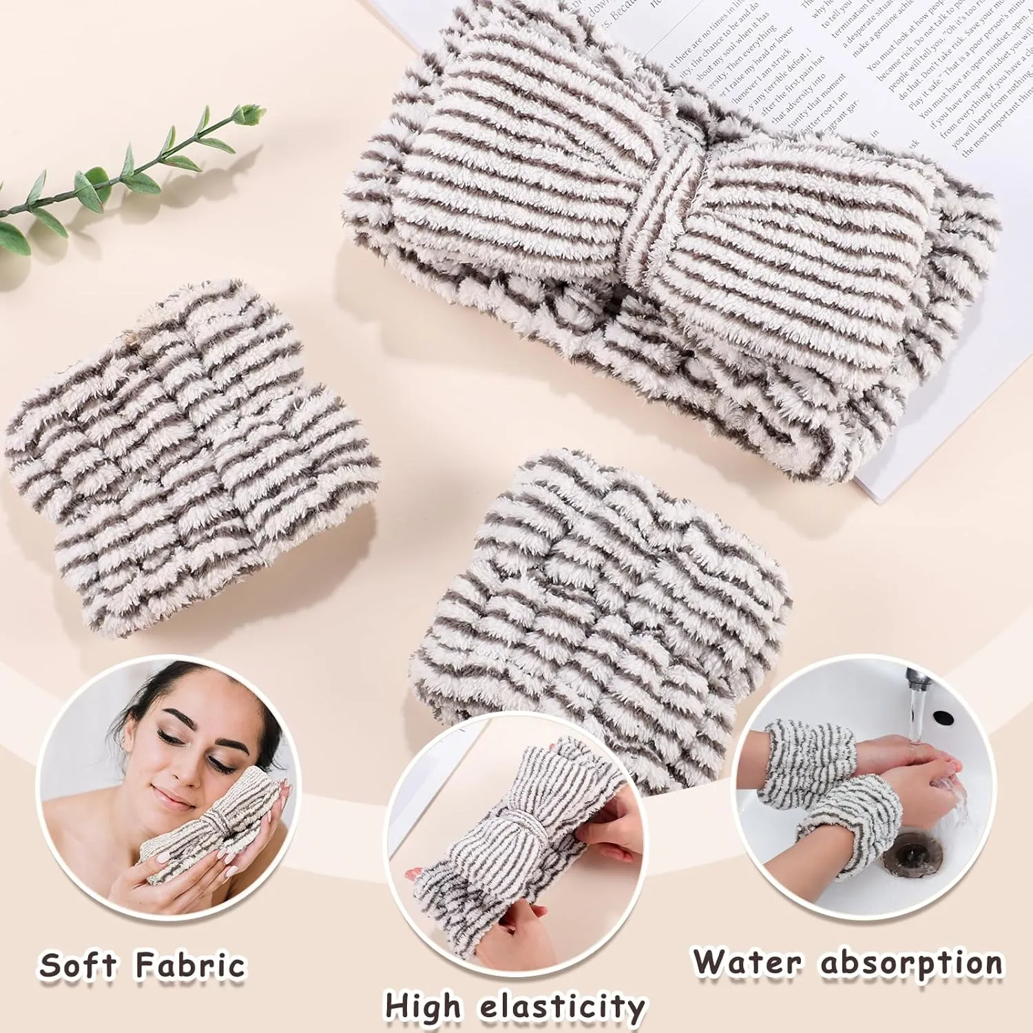BESARME 3-Piece Face Wash Set - Headband & Wristband, Spa Towel Headband for Women's Skincare (Stripe Color)