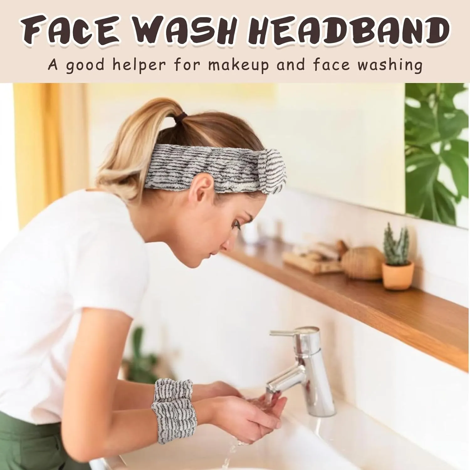 BESARME 3-Piece Face Wash Set - Headband & Wristband, Spa Towel Headband for Women's Skincare (Stripe Color)