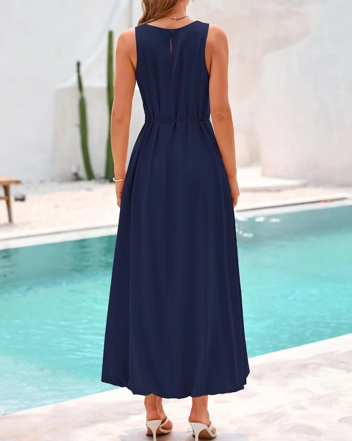 BTFBM 2025 Women Summer Vacation Dresses Sleeveless Crewneck Loose Beach Sundress Bubble Hem Tank Maxi Dress Pockets