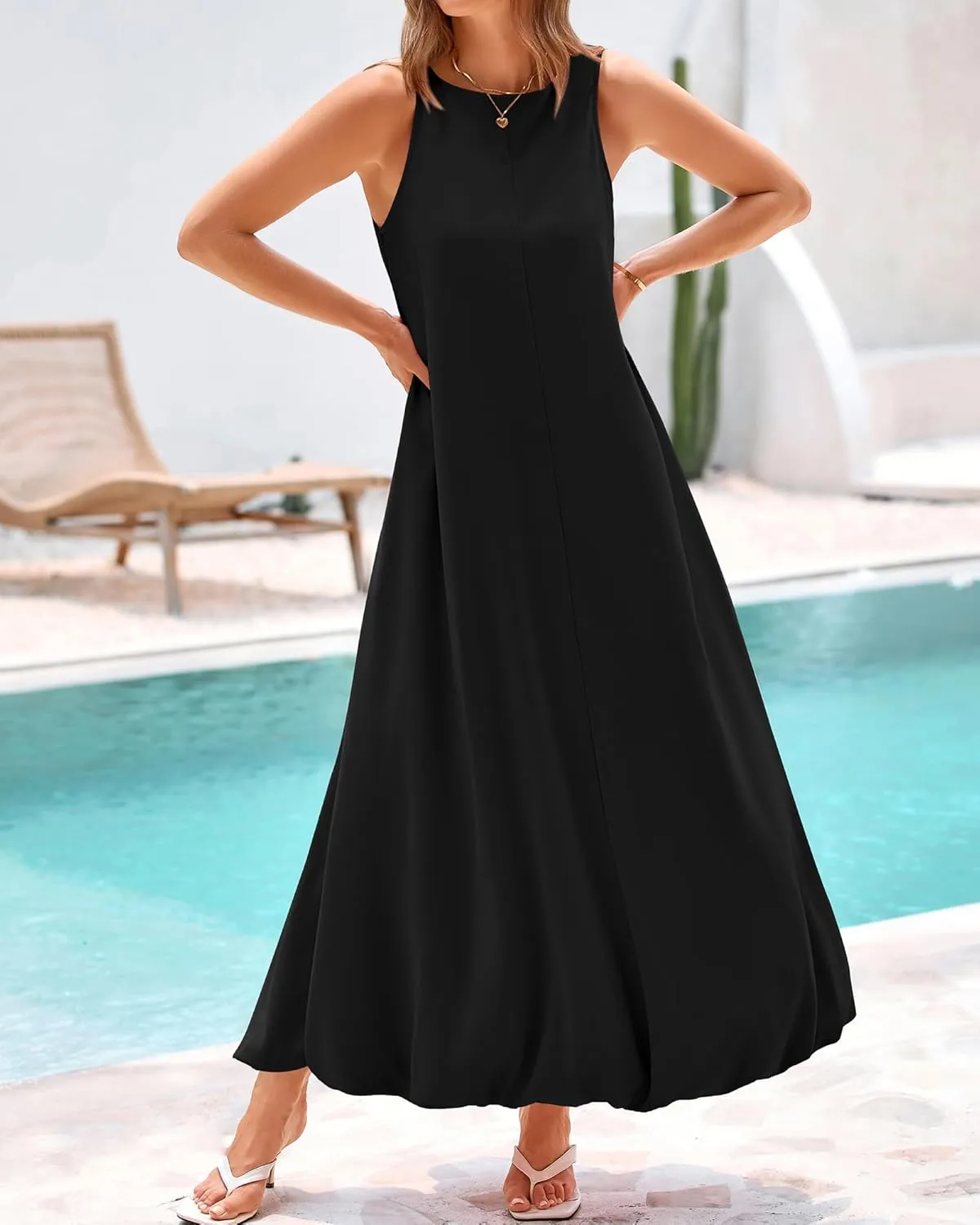 BTFBM 2025 Women Summer Vacation Dresses Sleeveless Crewneck Loose Beach Sundress Bubble Hem Tank Maxi Dress Pockets
