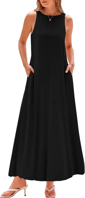 BTFBM 2025 Women Summer Vacation Dresses Sleeveless Crewneck Loose Beach Sundress Bubble Hem Tank Maxi Dress Pockets
