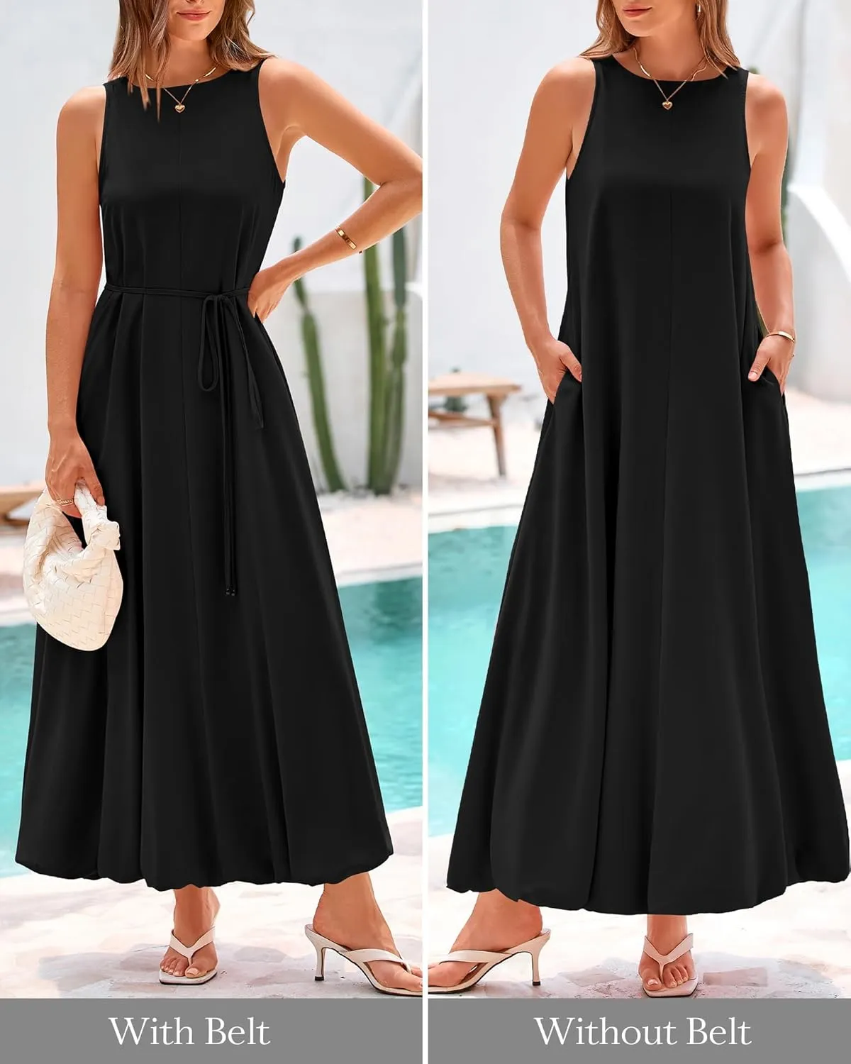 BTFBM 2025 Women Summer Vacation Dresses Sleeveless Crewneck Loose Beach Sundress Bubble Hem Tank Maxi Dress Pockets