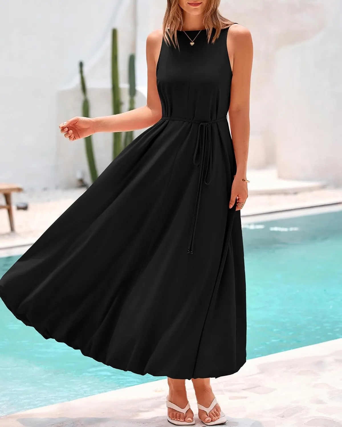 BTFBM 2025 Women Summer Vacation Dresses Sleeveless Crewneck Loose Beach Sundress Bubble Hem Tank Maxi Dress Pockets