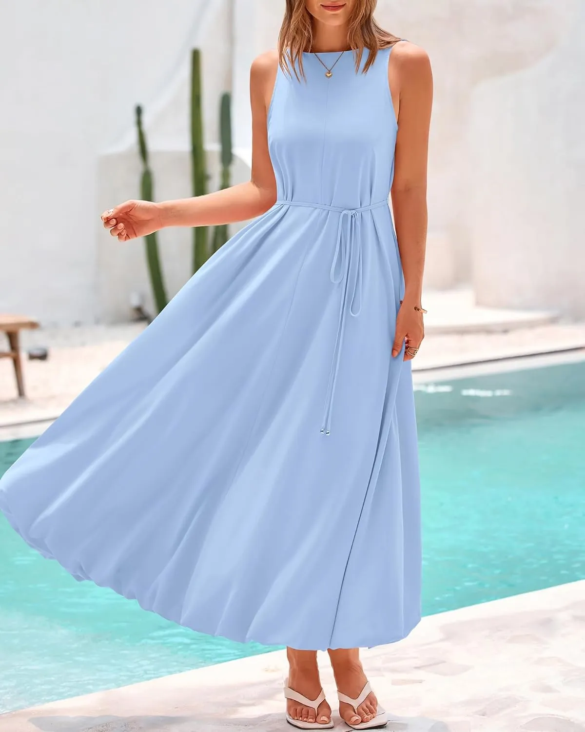 BTFBM 2025 Women Summer Vacation Dresses Sleeveless Crewneck Loose Beach Sundress Bubble Hem Tank Maxi Dress Pockets