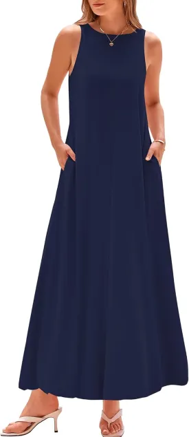 BTFBM 2025 Women Summer Vacation Dresses Sleeveless Crewneck Loose Beach Sundress Bubble Hem Tank Maxi Dress Pockets