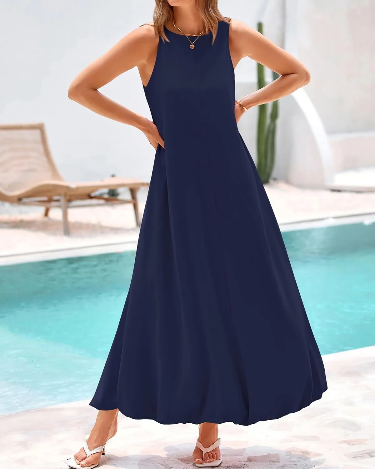 BTFBM 2025 Women Summer Vacation Dresses Sleeveless Crewneck Loose Beach Sundress Bubble Hem Tank Maxi Dress Pockets