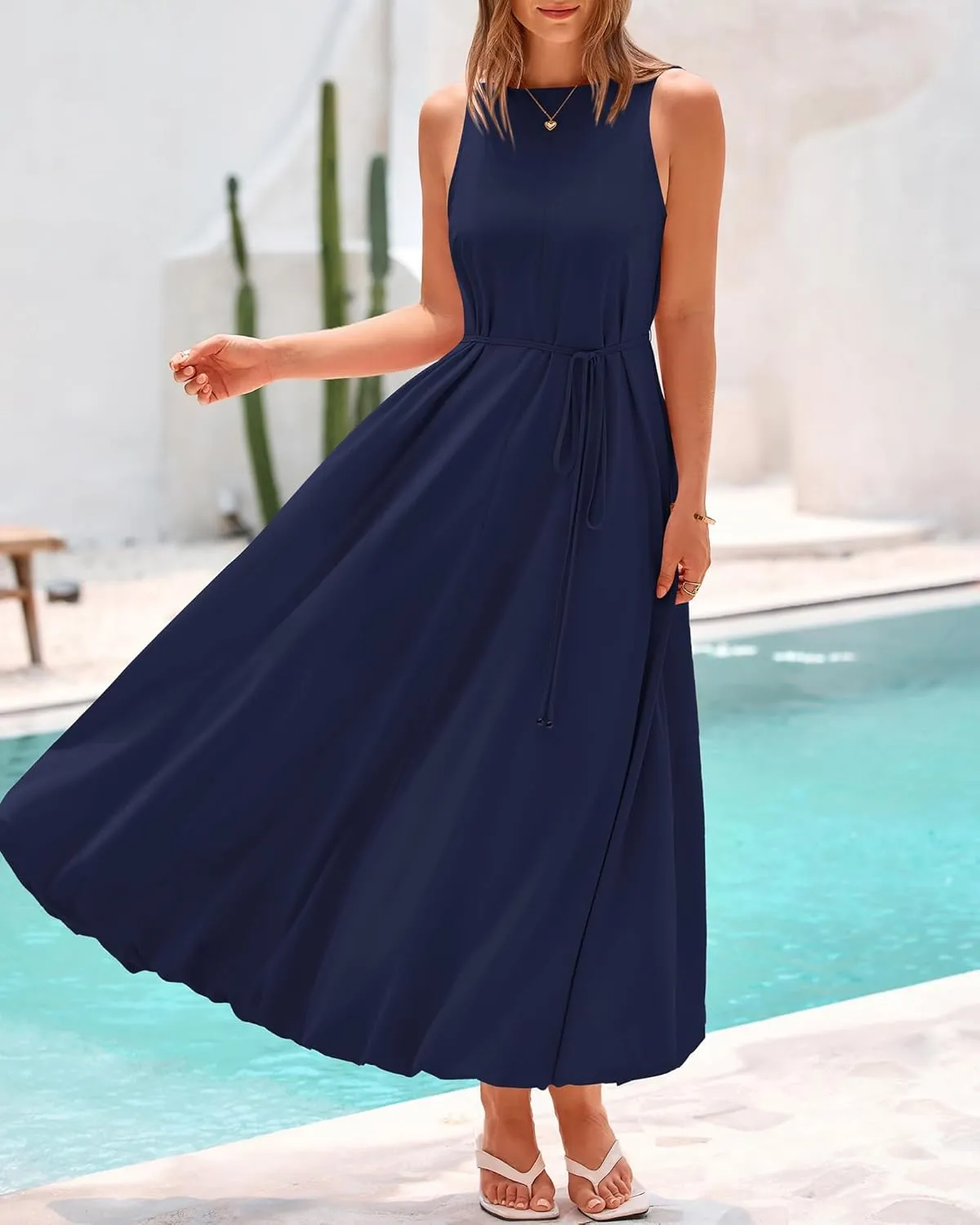 BTFBM 2025 Women Summer Vacation Dresses Sleeveless Crewneck Loose Beach Sundress Bubble Hem Tank Maxi Dress Pockets