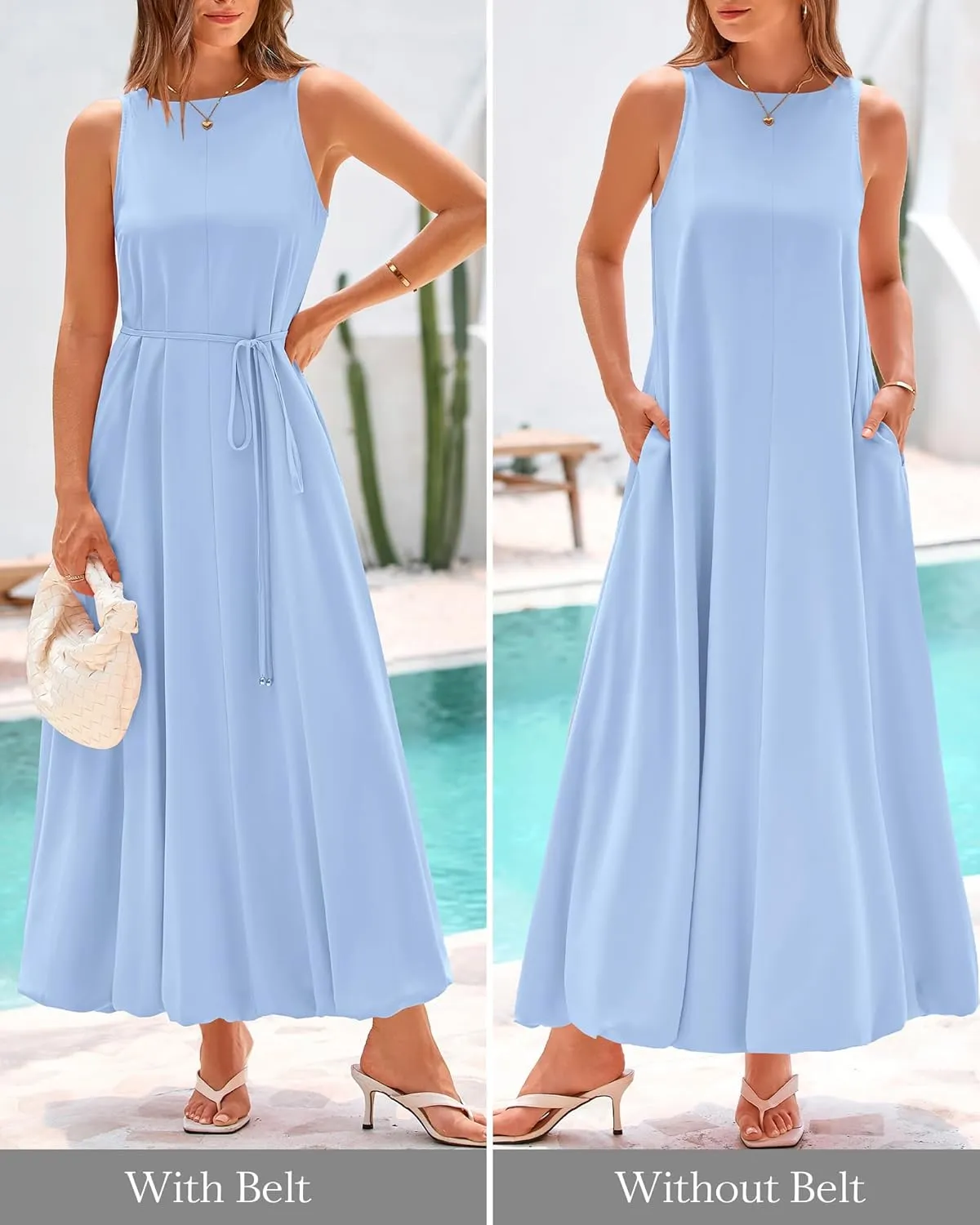 BTFBM 2025 Women Summer Vacation Dresses Sleeveless Crewneck Loose Beach Sundress Bubble Hem Tank Maxi Dress Pockets