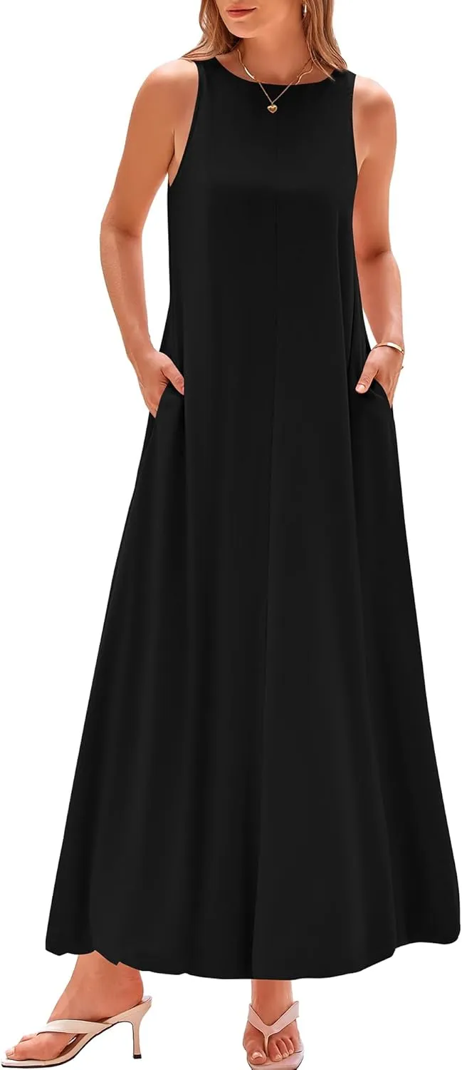 BTFBM 2025 Women Summer Vacation Dresses Sleeveless Crewneck Loose Beach Sundress Bubble Hem Tank Maxi Dress Pockets