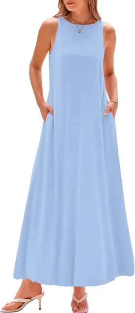 BTFBM 2025 Women Summer Vacation Dresses Sleeveless Crewneck Loose Beach Sundress Bubble Hem Tank Maxi Dress Pockets