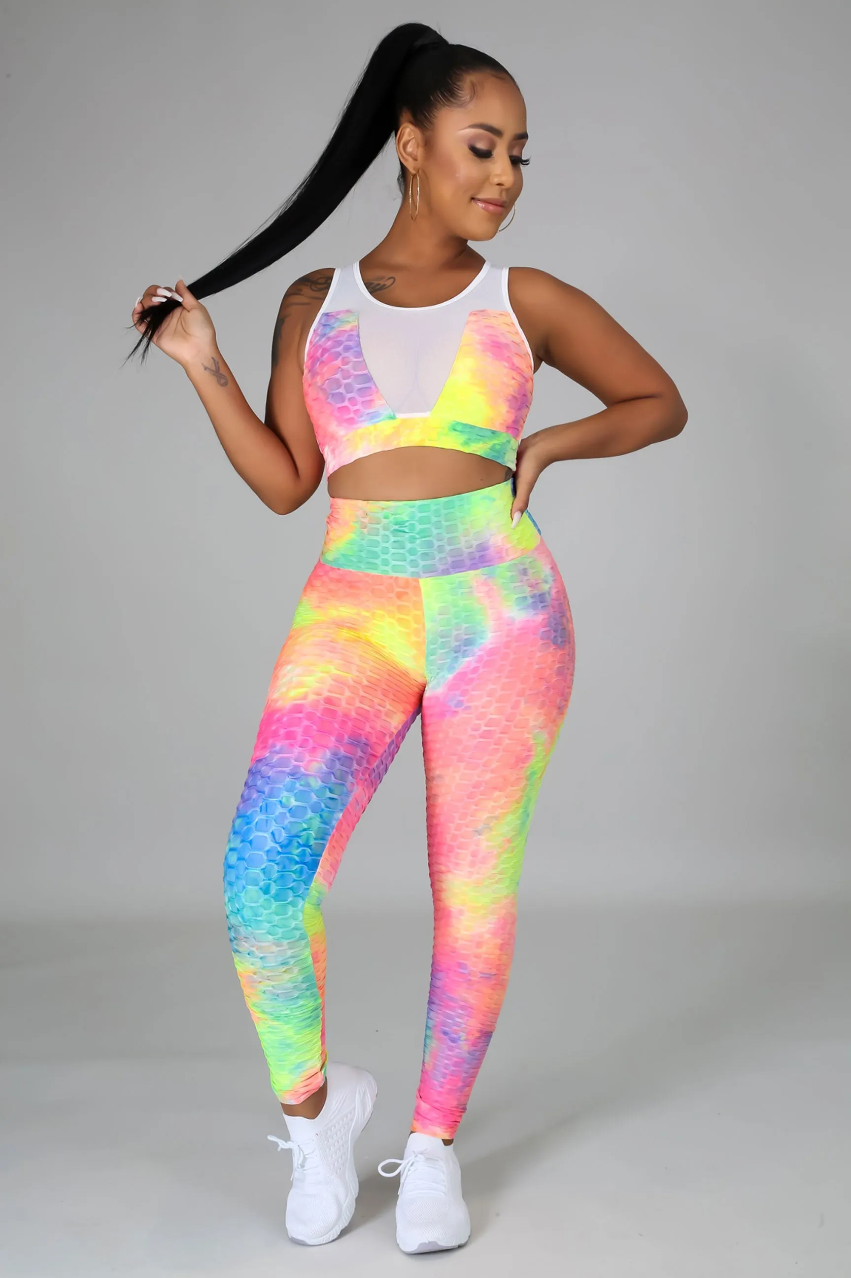 Color Explosion Tie Dye High Waisted Textured Leggings Two Piece Set