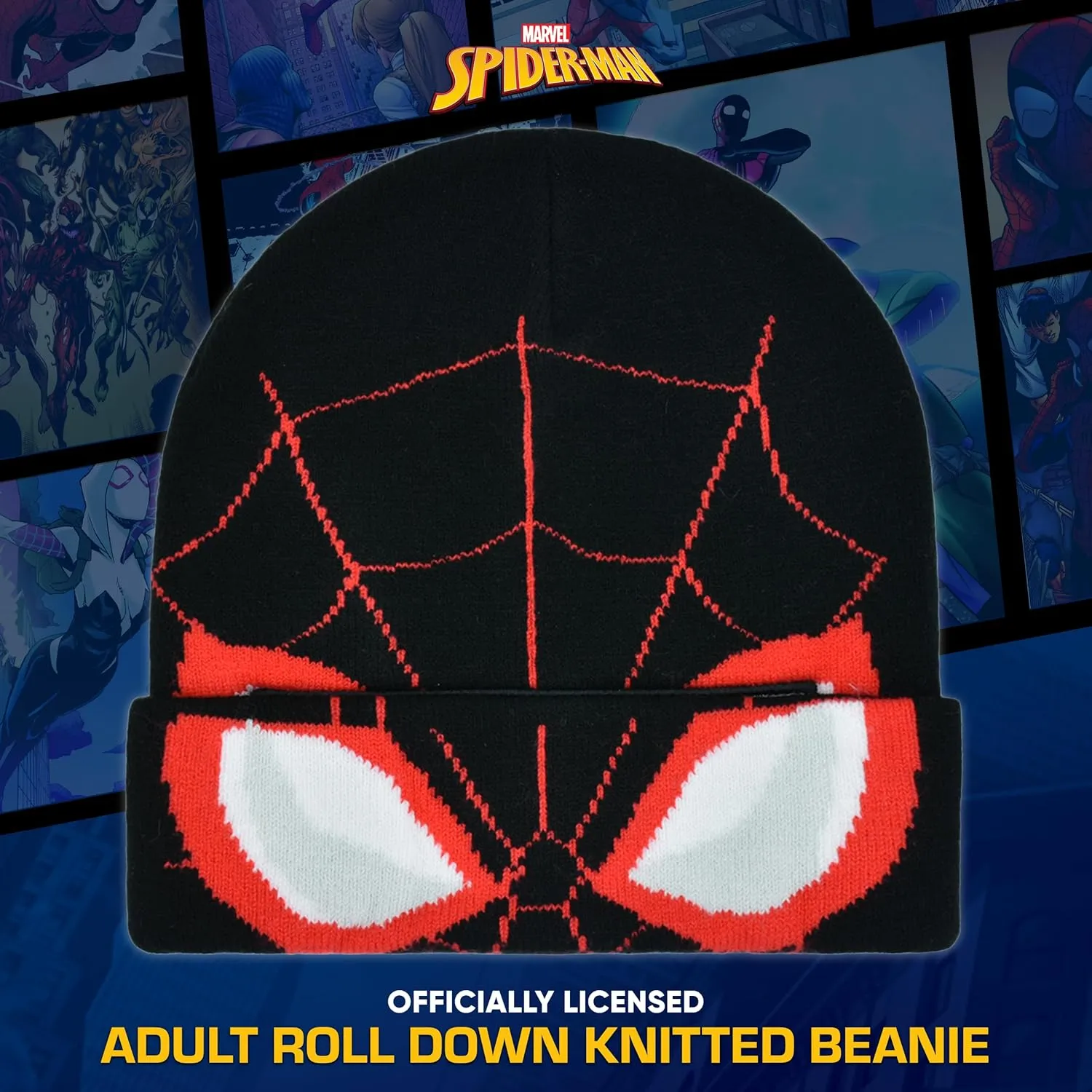 Concept One Marvel Spider-Man Miles Morales Roll Down Cuff Beanie Hat, Knitted Winter Skull Cap