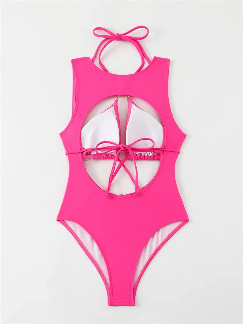 Cross Halter One Piece Swimsuit 2024 Swimwear for Women Sexy Hollow Out Bathing Suit Around Bandage Monokini