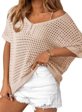 Dokotoo Womens Summer V Neck Short Sleeve Button Down Sweater Casual Crochet Hollow Out Knit Tops Beach Coverup