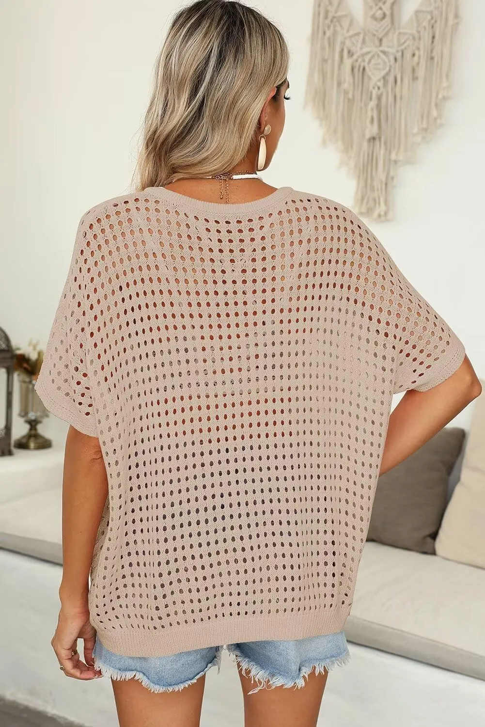 Dokotoo Womens Summer V Neck Short Sleeve Button Down Sweater Casual Crochet Hollow Out Knit Tops Beach Coverup